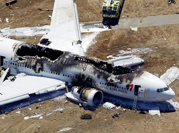 This aerial photo shows the wreckage of the Asiana Flight 214 airplane after it crashed at the San Francisco International Airport on Saturday. (AP Photo/Marcio Jose Sanchez)