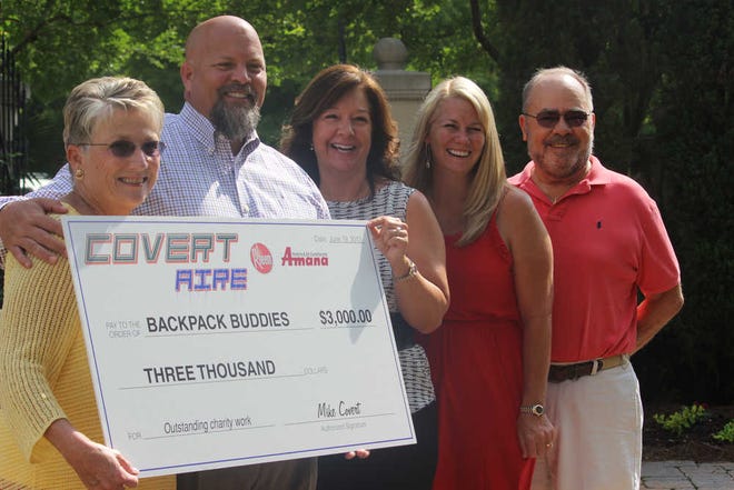 For Bluffton Today Sue Kroupa, Mike Covert, Sheri Bush, Jessie Shrieve and Ken Kroupa stand with the check to BackPack Buddies of Bluffton.