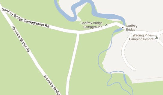 Map shows Wading River in the vicinity of Godfrey Bridge, where the members of the Principato family went missing.