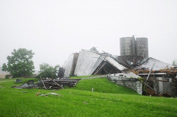A barn on route 168 in New Beaver is knocked down in result of a storm that passed through the area Wednesday evening.