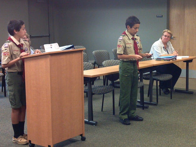 Collin (left) and Connor Miller explain their Eagle Scout project idea to Mills River Town Council members Thursday evening. The twin 12-year-old boys want to build shelters over two benches at the Mills River Park dog park to provide shade for visitors and their pets.