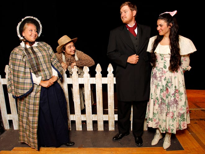 “The Adventures of Tom Sawyer” features, from left, Susan Christophy as Aunt Polly, Alex Christophy as Tom Sawyer, Stephen Griffin as Judge Thatcher and Marissa Vairo as Becky Thatcher beginning Friday at the Gainesville Community Playhouse.