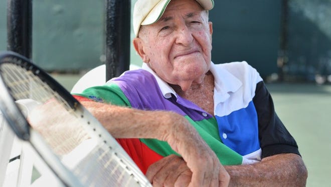 Richard Lerner, who turns 100 in August, plays tennis at Phipps Ocean Park. ‘I don’t worry about my health because I’ve been healthy all of my life,’ says Lerner.