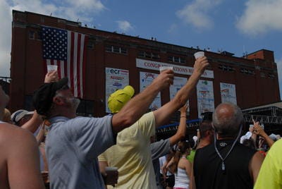 To celebrate the 125th anniversary for the F. X. Matt Brewing Co., a founding sponsor of the Boilermaker road races, participant's in this year's Post Race Party raised a glass at 10:30 a.m. behind the brewery.