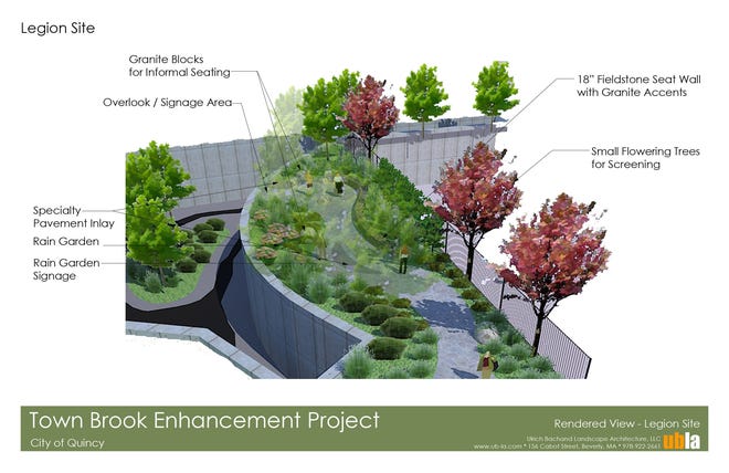 An architect's rendering of what one of the two pocket parks along the Town Brook will look like once completed. The parks will be built at the corner of Mechanic Street and Hannon Parkway.