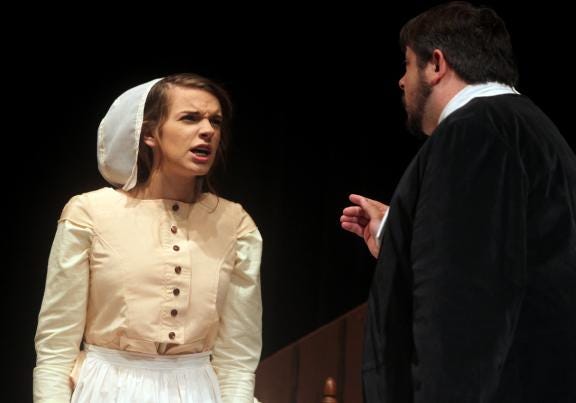 Kayla Evans and Joseph Hurdt play Abigail Williams and Rev. Parris in Greater Shelby Community Theatre’s “The Crucible” during rehearsal at Cleveland Community College.