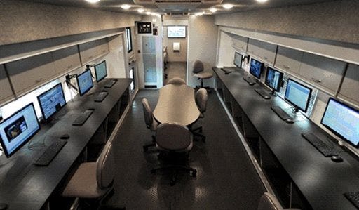 In this undated photo provided by The Georgia Ports Authority the mobile command center is seen stocked with computers, communications equipment and cameras providing 360 degrees of surveillance. Georgia Ports Authority officials say 75 percent of construction for the $1.5 million mobile command center was funded through grant money from the Department of Homeland Security. (AP Photo/Georgia Ports Authority, Stephen Morton)