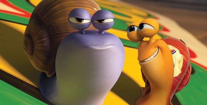 Chet, voiced by Paul Giamatti, left, and Turbo, voiced by Ryan Reynolds in a scene from the animated movie "Turbo."