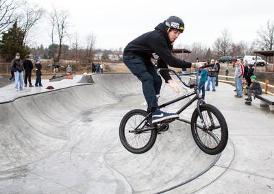 The skateboard park at  Freedom Park  in Medford. Here 16-year-old Mike Malc of Medford does a BMX trick in the new concrete bowl section of the park. Laurence Kelly/Freelance