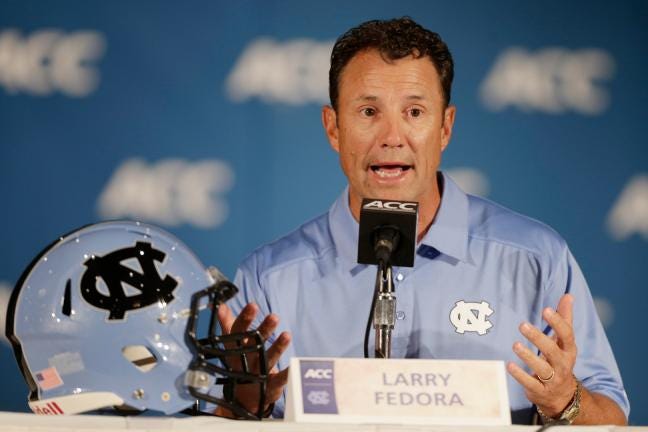 North Carolina head coach Larry Fedora speaks to the media at a news conference during the Atlantic Coast Conference college football media day in Greensboro on Monday.