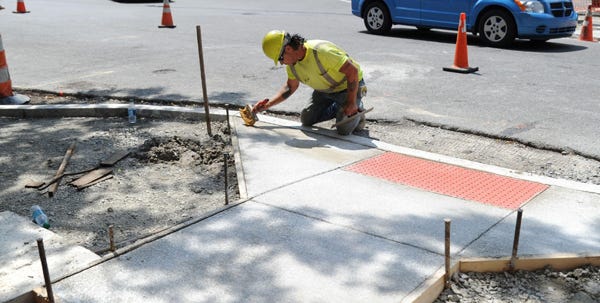 Construction of sidewalk corner extensions on Main Street, Stroudsburg, are expected to be complete in September.