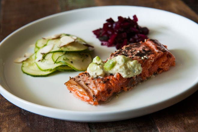 Clockwise from front, grilled sockeye salmon with culichi sauce, zucchini dill salad and jalapeno beet salsa can be paired for a light summer meal.