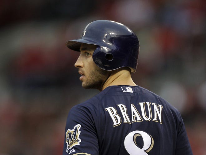 Milwaukee Brewers’ Ryan Braun preparing to bat during a baseball game against the St. Louis Cardinals in St. Louis in 2012. Braun, a former National League MVP , has been suspended without pay for the rest of the season and admitted he “made mistakes” in violating Major Leauge Baseball’s drug policies.
