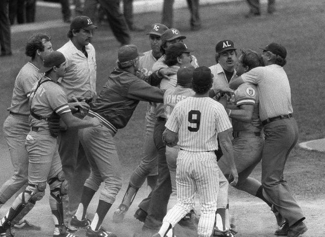 One of the most colorful aspects of the George Brett legacy is the day he charged from the dugout after being called out for having too much pine tar on his bat moments after hitting a home run against the New York Yankees in this 1983 game at Yankee Stadium.