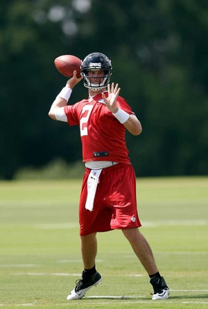 Atlanta Falcons quarterback Matt Ryan (2) is shown during an NFL football practice Thursday, July 25, 2013 in Flowery Branch, Ga. (AP Photo/John Bazemore)