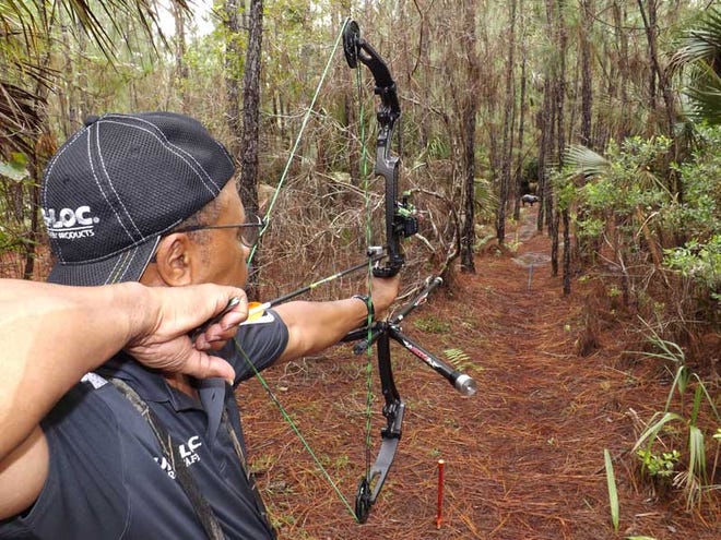 Archer Jim Brown, 67, of Palm Coast, aims at a target during the Florida State ASA 3-D archery tournament over the weeked hosted by Daytona Archers.