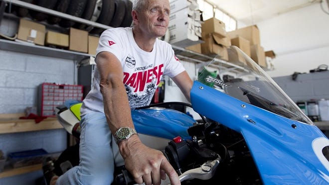 Kevin Schwantz, in Austin last month, sits on a motorcycle similar to one he raced to a third-place finish Sunday at the Suzuka 8 Hours in Japan.