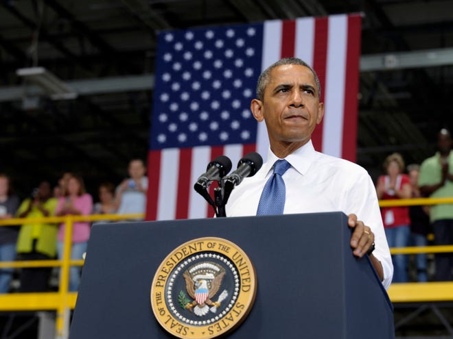 President Barack Obama speaks at the Amazon fulfillment center in Chattanooga, Tenn., Tuesday, July 30, 2013. Obama came to Chattanooga to give the first in a series of policy speeches on his proposals for private sector job growth and to strengthen the manufacturing sector.