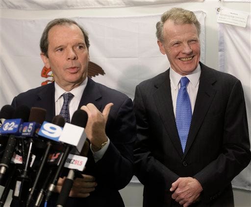 Illinois Senate President John Cullerton speaks to reporters after a meeting with Gov. Pat Quinn and House Speaker Michael Madigan, right, Monday, June 10, 2013, in Chicago where they discussed how to solve the state's nearly $100 billion pension crisis. (AP Photo/M. Spencer Green)
