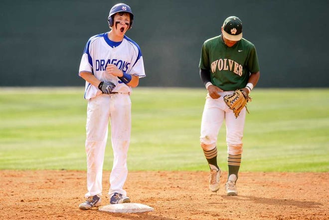 Jefferson third baseman Jake Franklin screams after hitting a double during a GHSA playoff baseball game between Jefferson and Wesleyan in Jefferson, Ga., Wednesday, May 8, 2013. (AJ Reynolds/Staff)