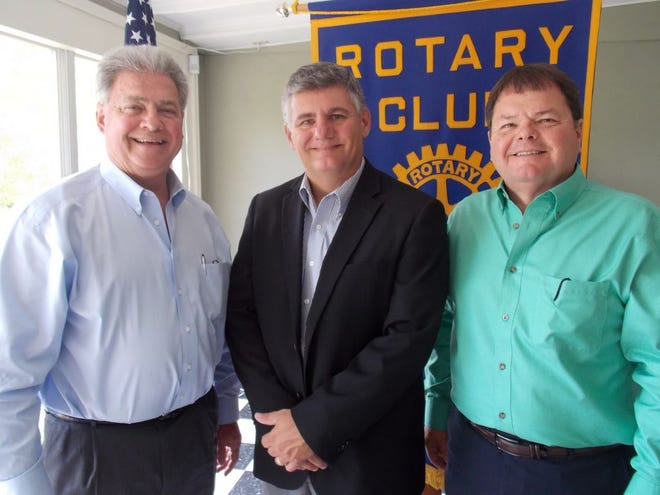 Rotary Club President Marvin Gros (left) stands with APSO Lt. Colonel Bobby Webre (middle) and Rotarian Chuck Long (right) at the Donaldsonville Rotary Club Luncheon.