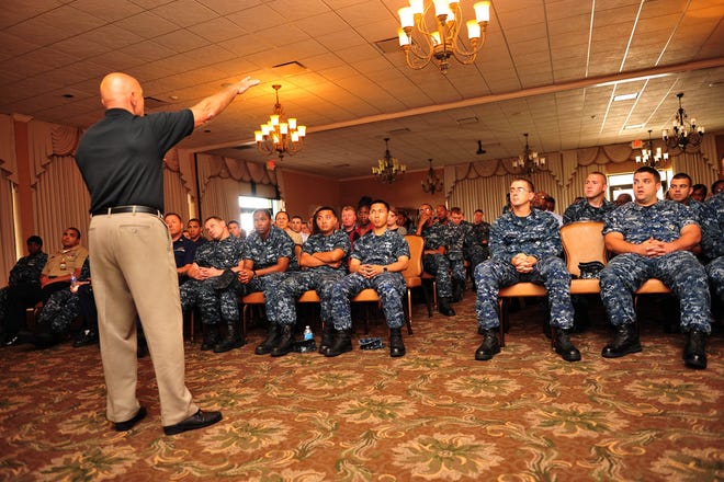 Steve Thompson, an educator from Central Michigan University, speaks to Sailors during the 'No Zebras, No Excuses' Sexual Assault Prevention and Response (SAPR) program at Naval Station Mayport. The program is sponsored by the Department of the Navy's SAPR Office and features skits designed to raise awareness and show Sailors how they can help prevent sexual assault.