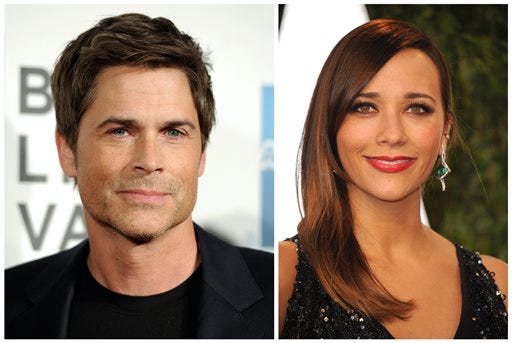FILE - NBC's "Parks and Recreation" cast members Rob Lowe, left, and Rashida Jones are seen in April, 2012, left, and Feb, 2013 file photos. Lowe and Rashida Jones will leave the series after the 13th episode of the upcoming sixth season. They play characters Chris Traeger and Ann Perkins. The news was first reported by Buzzfeed. (AP Photo/Invision, File)