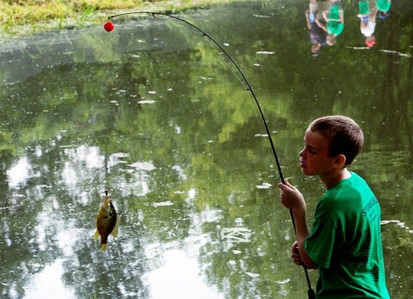 Jordan Sharpe, 11, inspects a bream he caught during the annual Jakes Day on Saturday at the Smith Farm in Linwood. The free day-long event, which is sponsored by the Davidson County Longbeards chapter of the National Wild Turkey Federation with help from local businesses, was attended by hundreds of children who learned fishing, shooting, climbing, archery and other outdoor sports activities.
