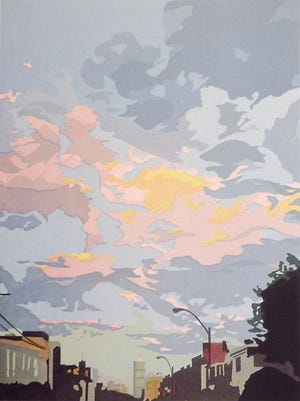 “Under a Boston Sky,” silkscreen printing by Anne Silber.