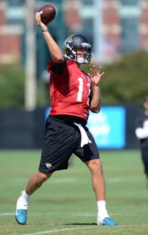 Blaine Gabbert throws a pass during training camp Friday in Jacksonville.