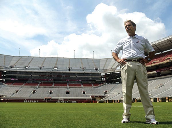 Alabama coach Nick Saban stands on the field before practice Sunday in Tuscaloosa.
(Vasha Hunt | AL.com | Associated Press)