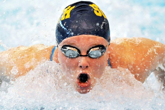 (FILE PHOTO) Lauren Shevchek of Council Rock South swims the butterfly in the 200m medley relay.