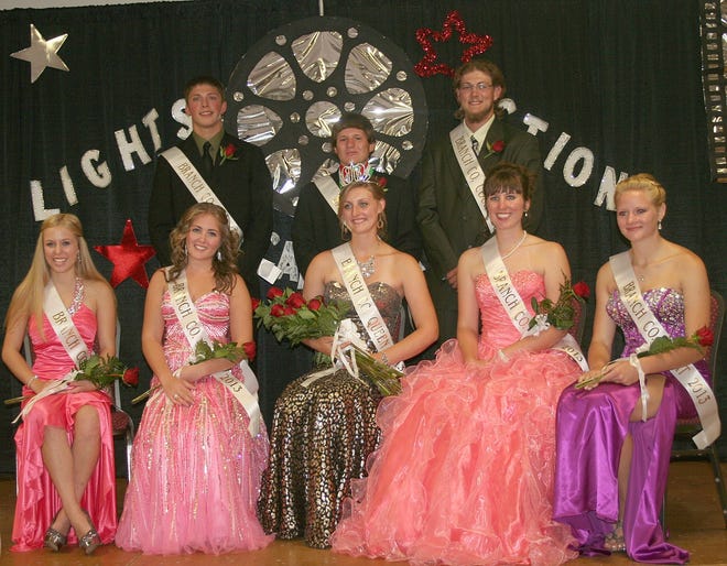 The 2013 Branch County Fair King and Queen's Court is, front from left, Amanda Higbee, Kathrine Houlihan, Queen Chelsea Carls, Abigail Donbrock and Samantha Griffith and back from left, Michael Tesch, King Dalton Hard and Foster McCollough. 

Jamie Barrand photo