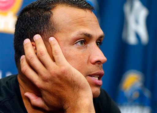 New York Yankees third baseman Alex Rodriguez answers questions from the media during a press conference after a minor league baseball rehab start with the Trenton Thunder in a game against the Reading Fightin Phils, Saturday, Aug. 3, 2013 at Arm & Hammer Park in Trenton, N.J.. (AP Photo/Rich Schultz)