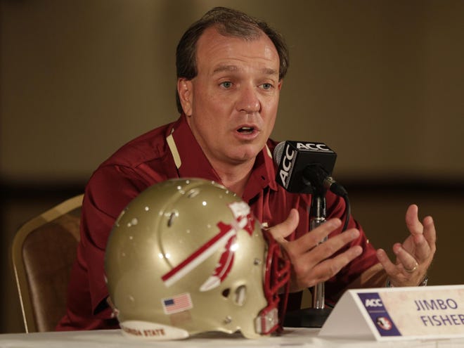 In this July 22, 2013 file photo, Florida State head coach Jimbo Fisher speaks to the media at a news conference during the Atlantic Coast Conference college football media day in Greensboro, N.C.