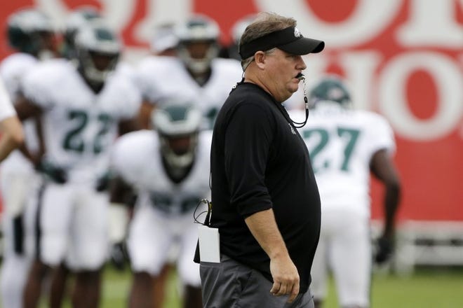 Eagles head coach Chip Kelly will be without the services of a offensive tackle Dennis Kelly until at least Sept. 9 after Kelly underwent back surgery on Monday.