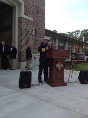 Bradrick McClam/Bluffton Today Fire Chief Barry Turner recongizes guests during the Bluffton Township Fire District Fire Station 30 Dedication and Grand Opening