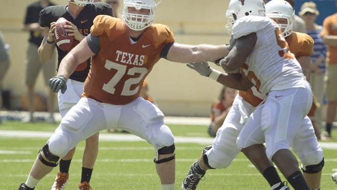 Watching Mason Walters (72) protecting his quarterback is hardly a new sight for Texas fans. Walters has started 38 straight games at right guard, the second-longest active streak in the country among offensive linemen.