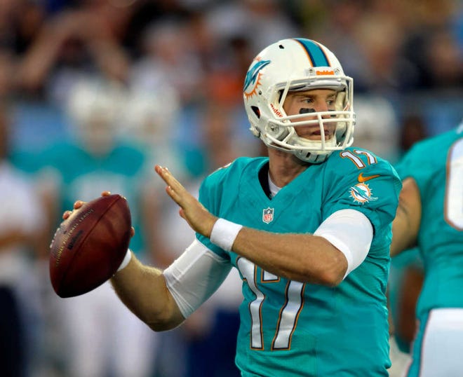 Miami Dolphins quarterback Ryan Tannehill passes the ball in the first quarter against the Dallas Cowboys during the Hall of Fame exhibition game on Sunday in Canton, Ohio.