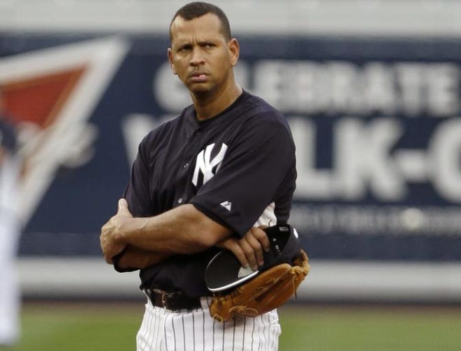 New York Yankees' Alex Rodriguez stands on the field during batting practice before a baseball game against the Detroit Tigers on Friday, Aug. 9, 2013, in New York.