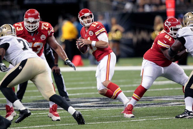 Kansas City Chiefs quarterback Alex Smith (11) hit 7 of 8 passes for 68 of the 80 yards in the touchdown drive he engineered Friday night in his preseason debut with his new club against the New Orleans Saints.