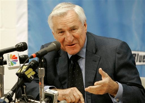 FILE - This Dec. 8, 2006 file photo shows former North Carolina basketball coach Dean Smith speaking during a news conference in Chapel Hill, N.C. President Barack Obama will bestow the nation’s highest civilian honor on Oprah Winfrey and former President Bill Clinton later this year. Clinton and Winfrey will receive the Presidential Medal of Freedom at the White House along with 14 others, including former Sen. Richard Lugar and women’s rights activist Gloria Steinem. (AP Photo/Gerry Broome, File)