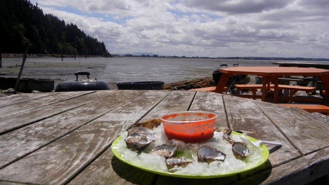 Visitors to Bow, Wash., on the shores of the Samish Bay, may eat local oysters on a picnic table after buying them from Taylor Shellfish Co.