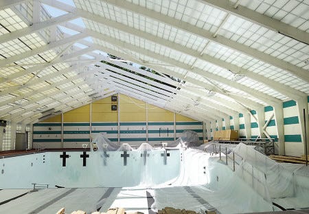 Work is under way for the installation of a new roof at the Portsmouth Indoor Pool. The roof, along with the pool's annual maintenance, is expected to be completed by Aug. 26.