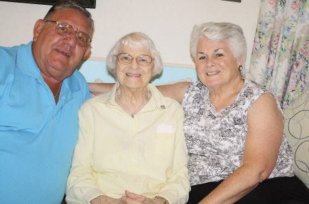 Gert Bishop of Portsmouth, who will be honored on her 100th birthday at a family party this Sunday, is seen with her niece, Jean Conroy, and Conroy's husband, Joe.