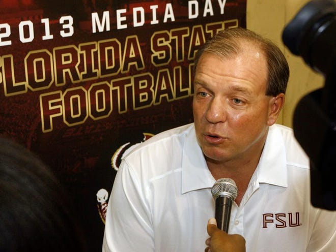 Florida State head coach Jimbo Fisher is interviewed during media day on Sunday in Tallahassee.
(PHIL SEARS | THE ASSOCIATED PRESS)