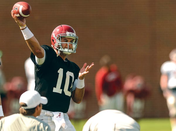 Alabama quarterback AJ McCarron throws a pass during practice Monday.
(Vasha Hunt | AL.com | Associated Press)