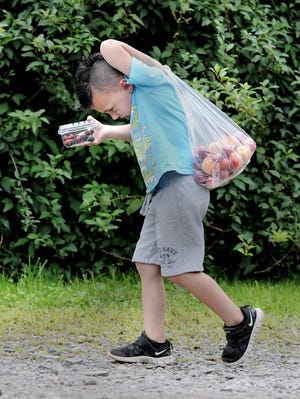 Luke Walters,5, of Bensalem heads home with the fruit he picked at Styer Orchard in Middletown.