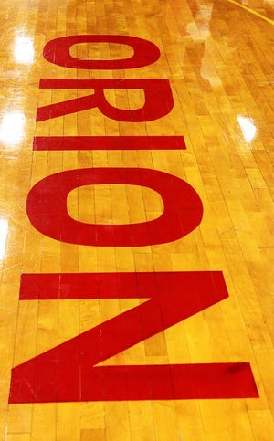 "Orion" on gym floor at Orion High School