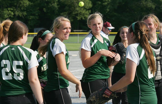 Abington celebrates its victory over Carver in the Division 2 South Sectional softball tournament, Friday, May 31, 2013.